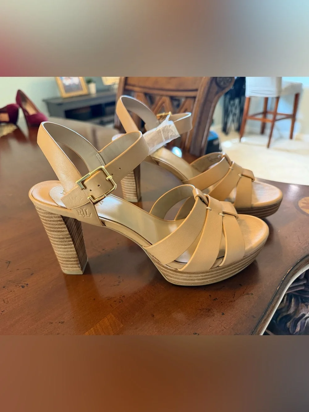 Lauren Ralph Lauren Tan Leather Platform Sandals with Buckle